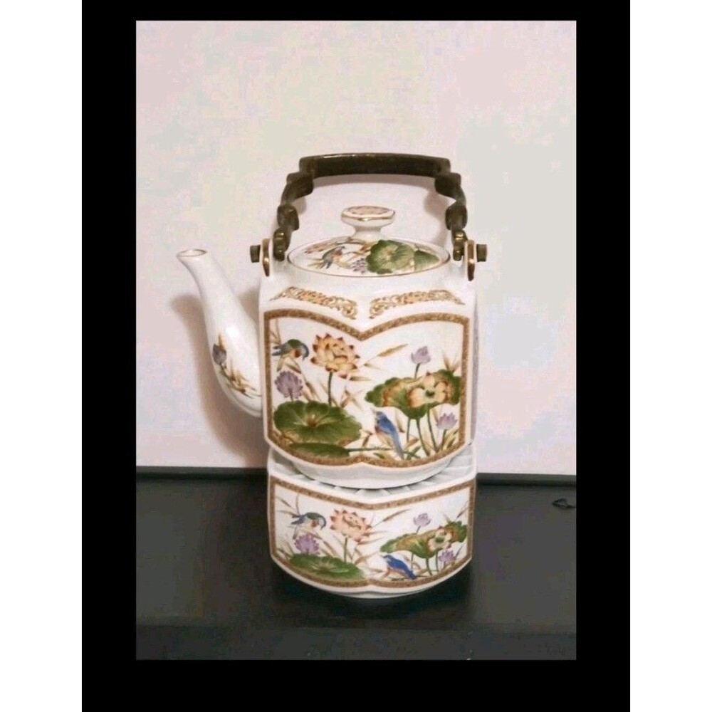 Homco Hexagonal Porcelain Teapot & Warming Base Set Lotus Flower Birds Vtg 70's